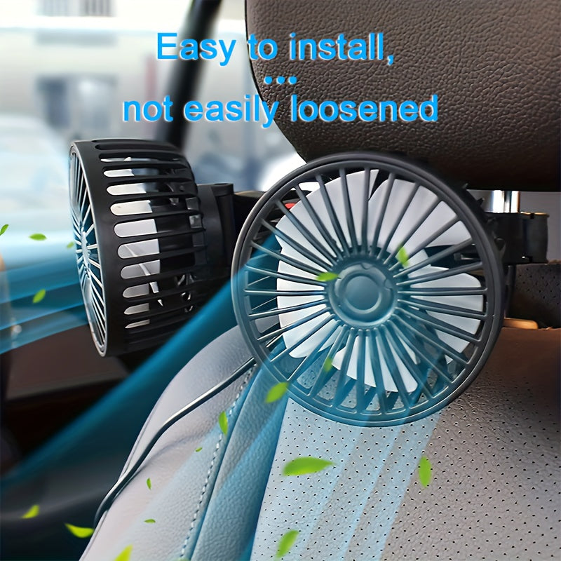 Compact car fan with dual-head rear seat design, providing powerful airflow with 5 blades and 360-degree rotation. Offers large air volume and operates quietly, with easy clip installation and foldable design that hides under the headrest. Removable for