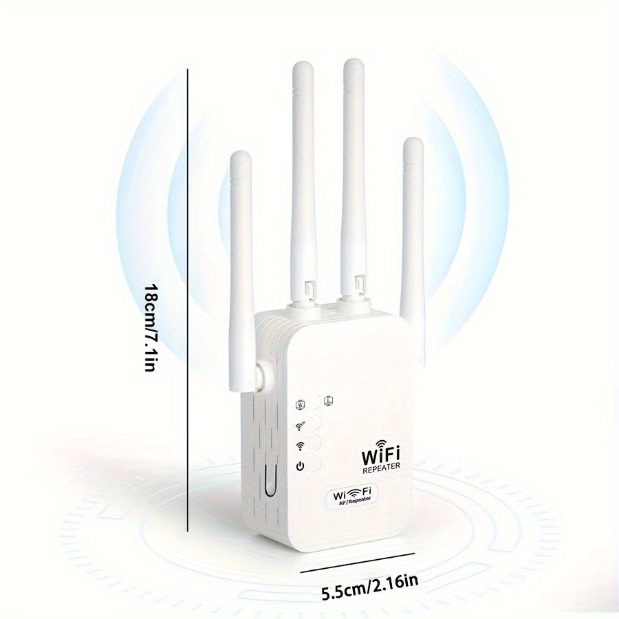 Wifi signal booster with Ethernet port, extends coverage up to 11,000 sq ft, supports 35+ devices, easy one-click setup.