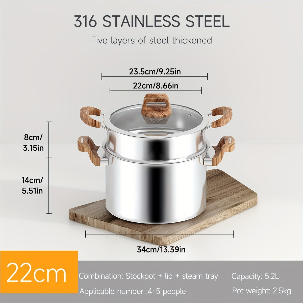 Five-layer composite steel pot for the kitchen, made of thickened food-grade 316 stainless steel. Non-stick and induction cooktop compatible. Features a deep soup pot and thickened steamer with 304 stainless steel lid. Ideal for cooking noodles