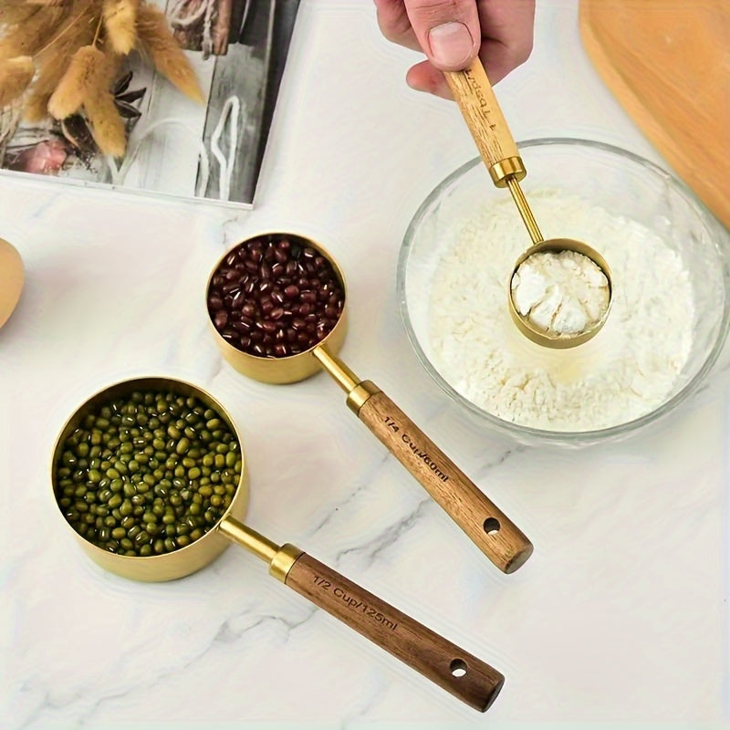 Set of 4 measuring cups and 4 measuring spoons, with both metric and US measurements. Features wood handles, high-quality stainless steel construction, golden polished surface. Ideal for measuring dry and liquid ingredients while cooking and baking.