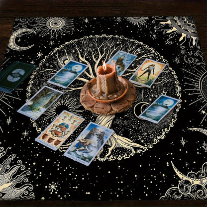 1pc Tarot Tablecloth featuring life tree and moon phase designs, suitable for tarot readings, altar cloths, witchcraft, table games, and room decoration.