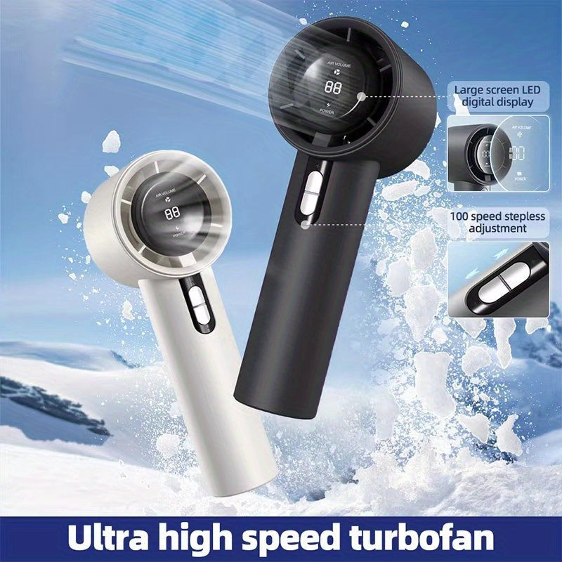 Introducing the Rechargeable Handheld Turbo Fan, featuring a powerful 3000mAh lithium battery for long-lasting use. This personal fan provides high-speed airflow of 9m/s and offers 100-speed adjustable settings for customized comfort. Perfect for both