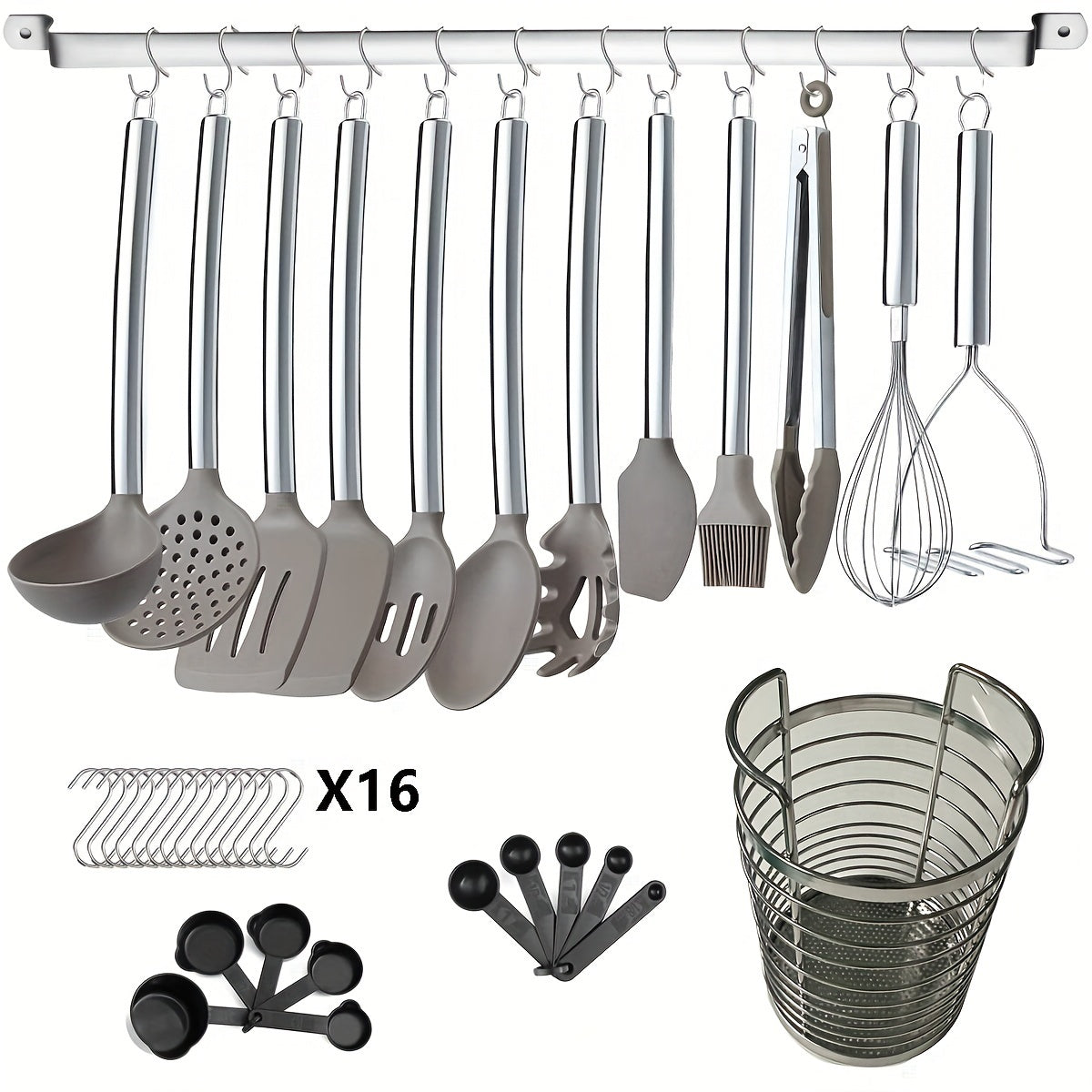 Set of 39 Non-Stick Silicone Kitchen Utensils with Stainless Steel Holder - Safe for Dishwasher and Food Contact, Durable Cookware Tools