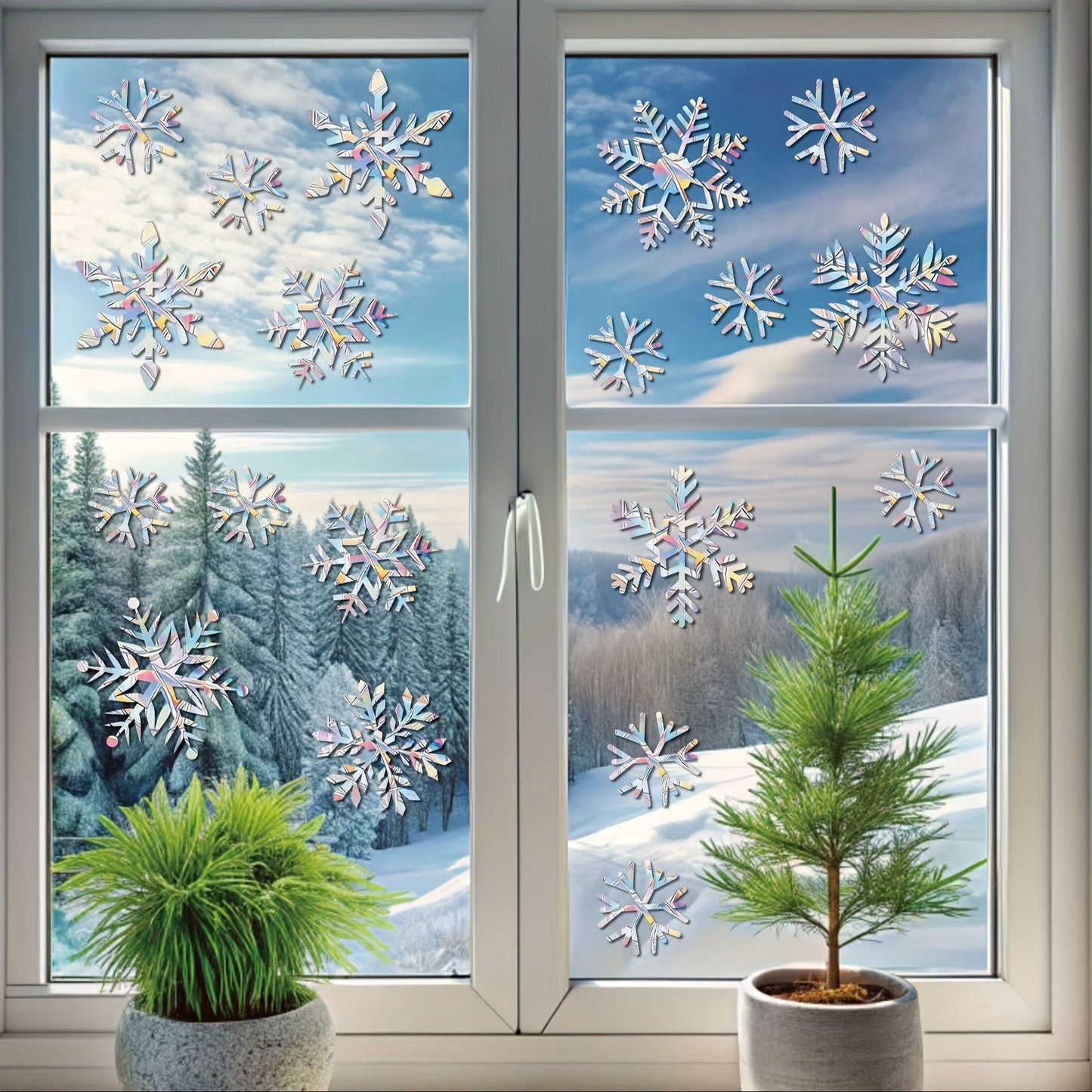 Window snowflake decals for glass windows, including 26 pieces for larger windows and 13 pieces for smaller windows. These decals are designed to prevent bird collisions with windows and feature a non-adhesive prismatic design. Decorate your windows with