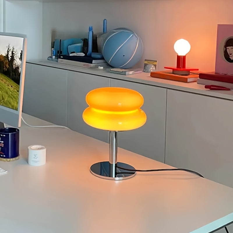 Modern USB-powered glass table lamp with dimmable feature, polished metal base, and warm ambient light for multiple rooms and uses. Ideal for nightstand, desk decor, and bedroom lamp.