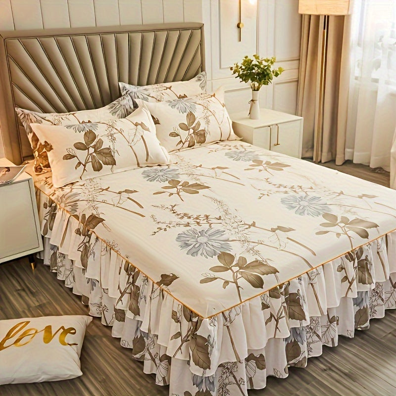 Contemporary Floral Bedding Set with Ruffle Skirt, 2 Pillowcases - Machine Washable, Polyester Cover, Fiber Filling, Active Printing - Mixed Color