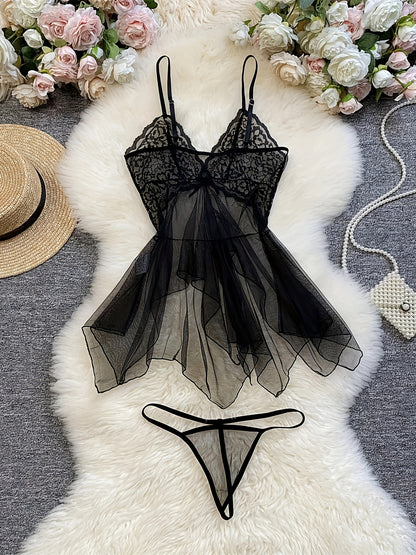 Sheer mesh halter dress with lace details and matching thong for women, sexy peplum pajama set.