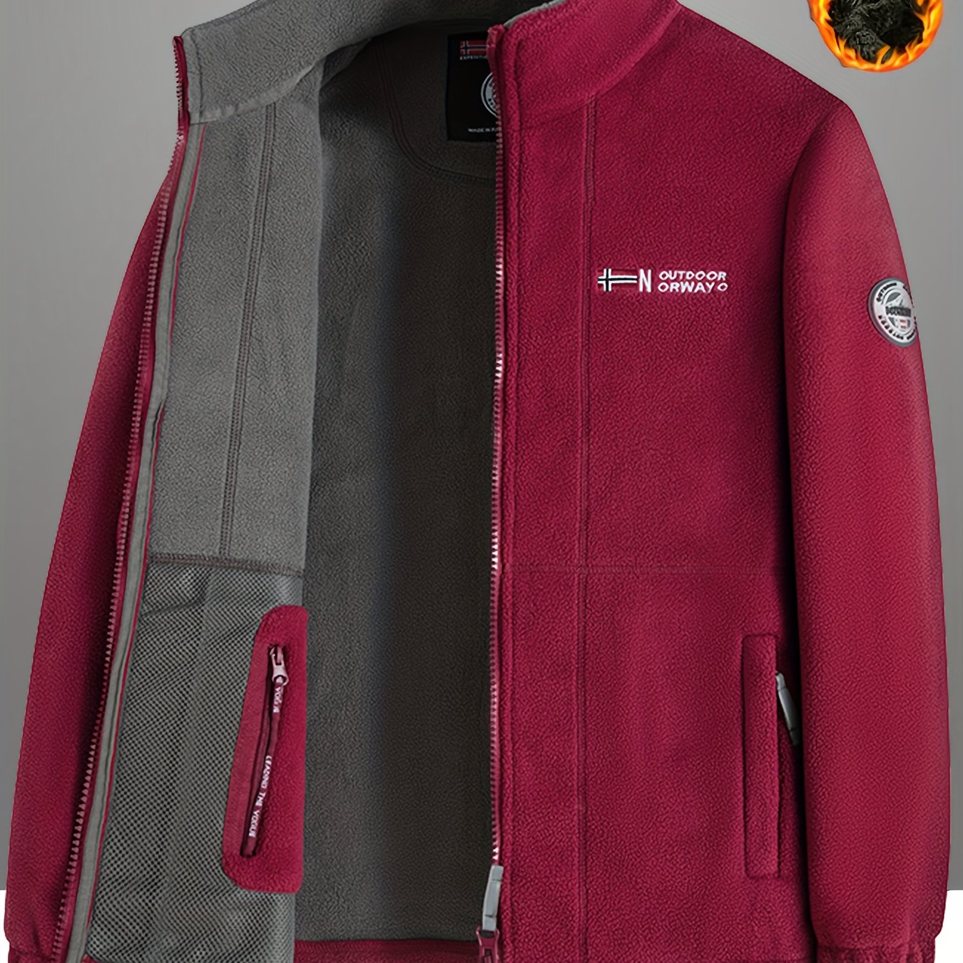 Men's thickened fleece zipper jacket for autumn/winter outdoor wear.