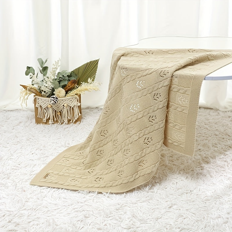 This versatile solid color throw is perfect for spring and summer. Made of soft knit cable, it features a beautiful hollow-out design. Available in khaki, light green, and white, this blanket must be hand washed to keep it looking its best.