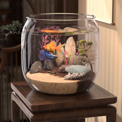 High-end clear acrylic fish tank designed for goldfish and turtles, shatterproof with large capacity and integrated desktop micro landscape feature.