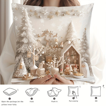 Contemporary style 1pc throw pillow cover with snowy trees and festive snowmen pattern, made of 100% polyester woven fabric. Digital print on single-sided, with zip closure. Hand wash only. Versatile room decor, 43.18x43.18 cm. (Insert not included)