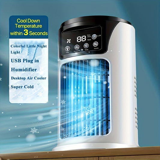 Portable USB device for home and office use, combines air conditioner, humidifier, and cooling fan with atmosphere light