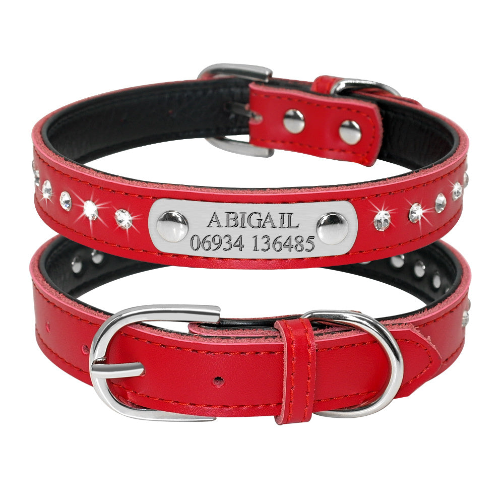 Custom leather pet collar with nameplate, adjustable for small dogs and kittens, free engraving, durable.