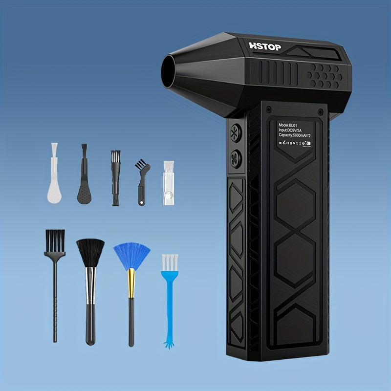 Introducing the HSTOP Mini Jet Fan, a powerful 5000mAh Compressed Air Duster that serves as a versatile Power Blower for use in homes, kitchens, and outdoor settings. This handy tool comes with 9 Cleaning Accessories and features a USB rechargeable