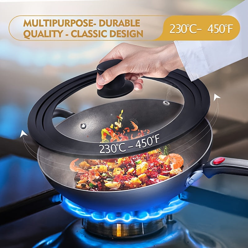 Universal pot and pan cover for kitchen made of 1pc multi-ply tempered glass lid with a heat resistant silicone ring. Fits 15.24cm-33.02cm cookware.