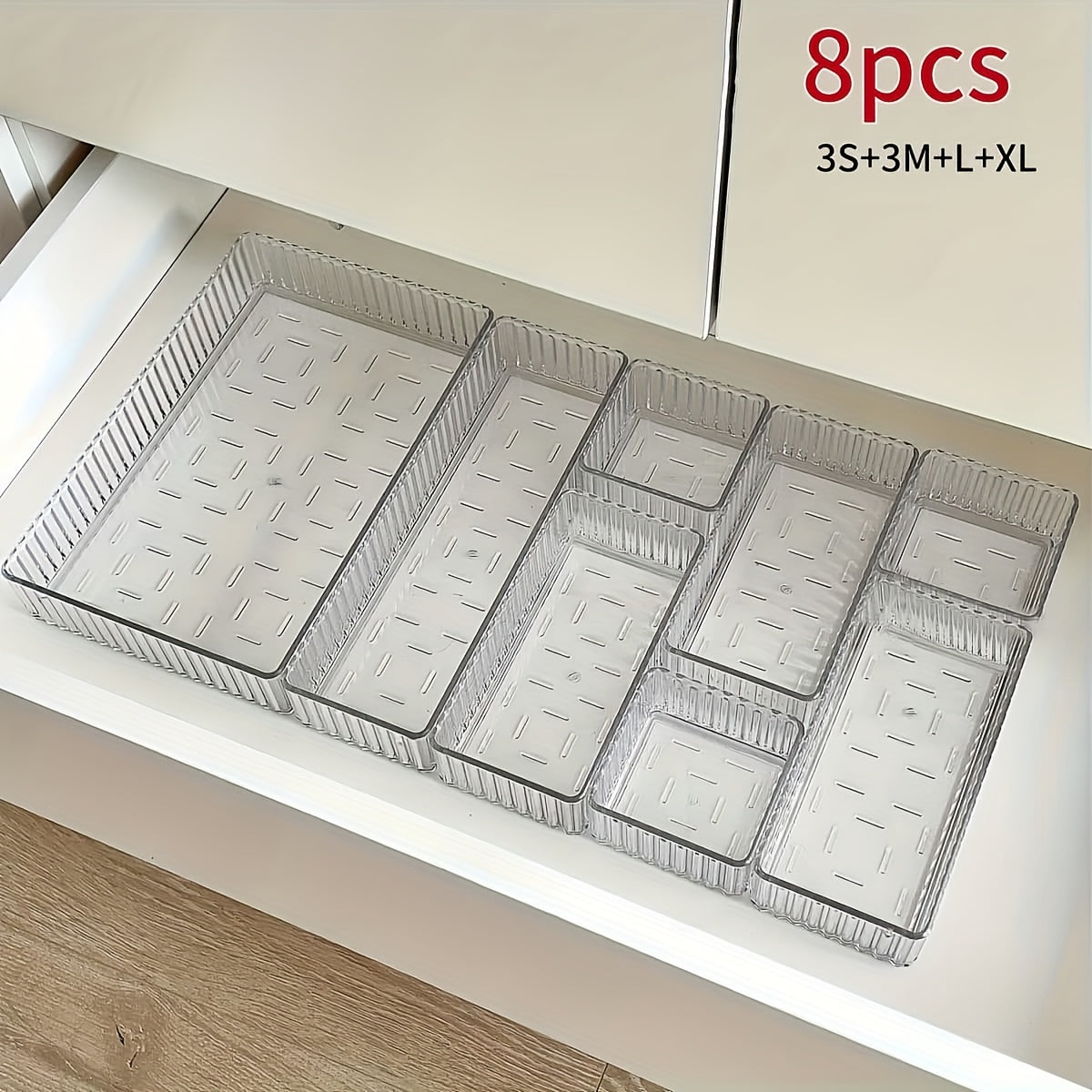 Acrylic cosmetic storage box with transparent drawers for organizing makeup and skincare products on dressing table. Durable plastic material with multi-functional features.