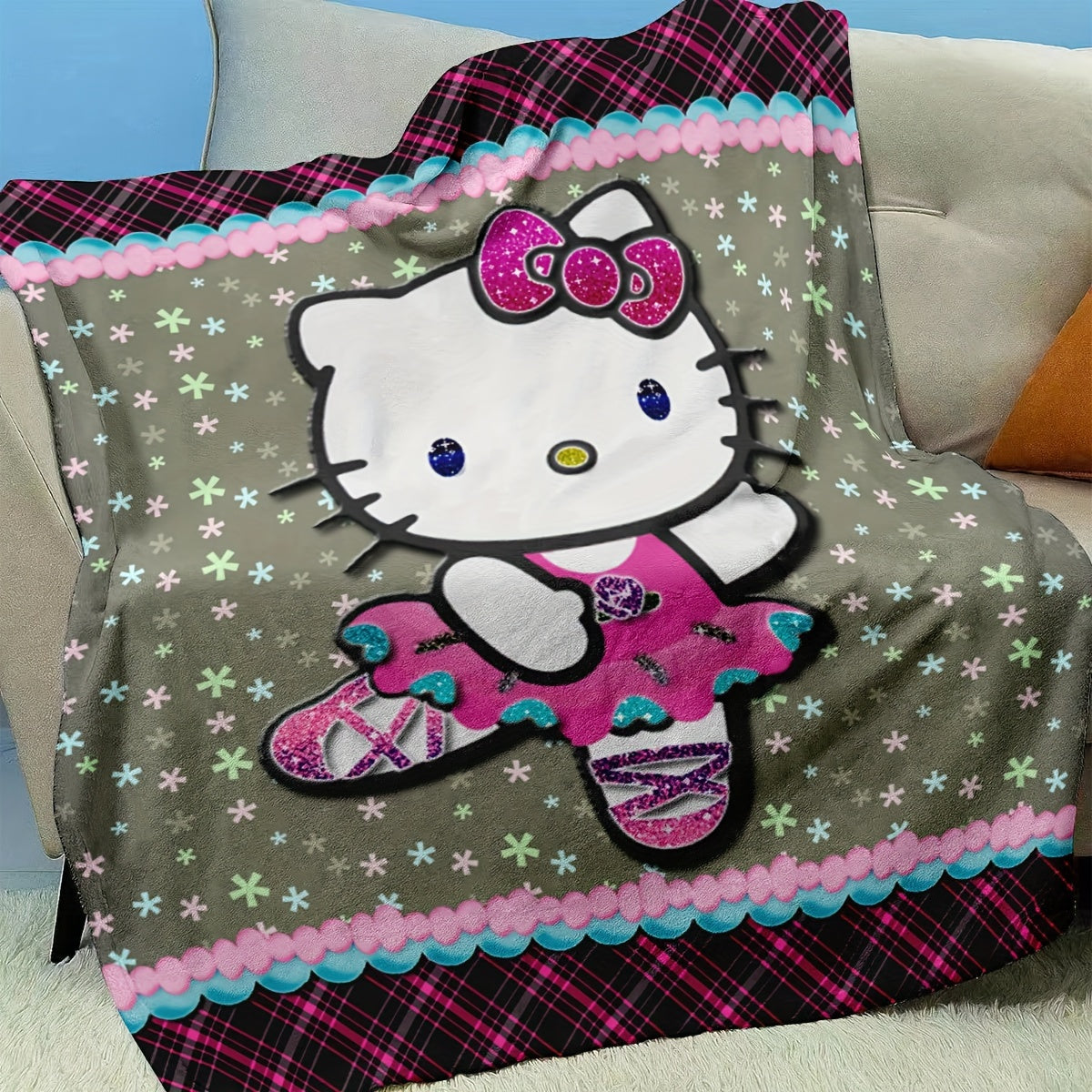 1 piece of the classic square pattern Hello Kitty ballet dance themed Sanrio flannel blanket. Can be used as a single or double comfortable flannel blanket, suitable for office, home decoration, bed, sofa, car, nap, air conditioning, or as a gift for the