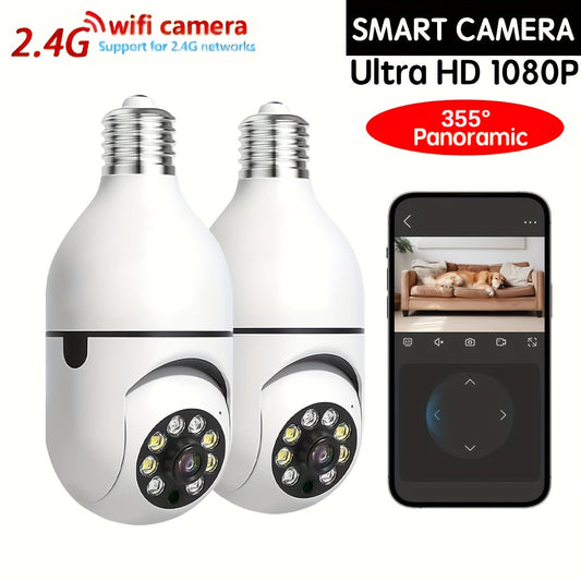 Enhance your home security with the Teruhal 1080P Smart Bulb Camera. This wireless WiFi camera features PTZ 355° rotation, E27 socket mount, motion tracking, alarm system, and two-way audio for both indoor and outdoor use.