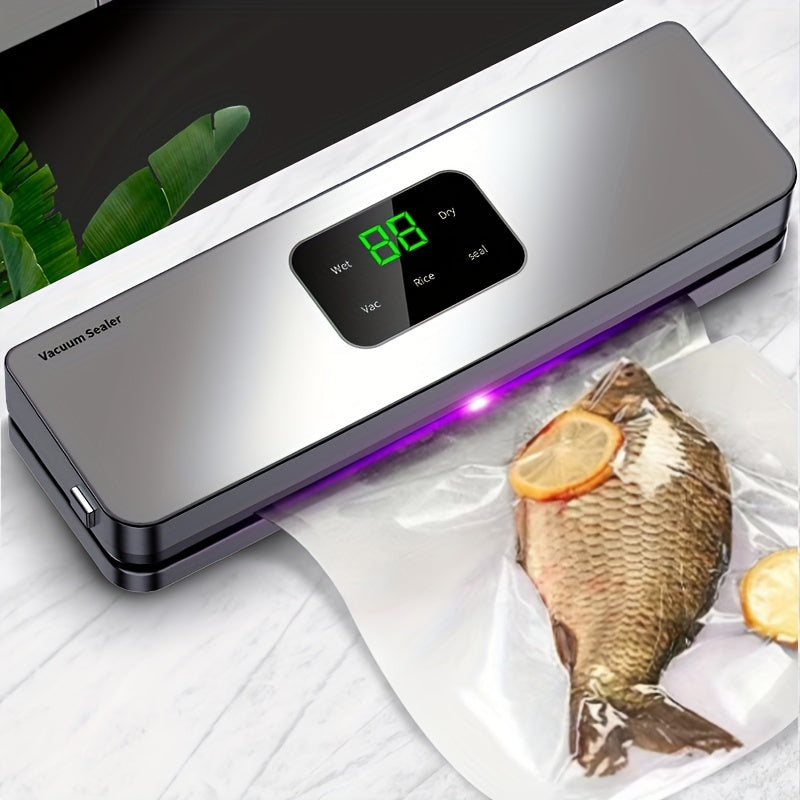 Vacuum sealer machine with touch buttons, digital display, detachable cleaning, and 10 free sealing bags for dry/wet food packaging to keep fresh.