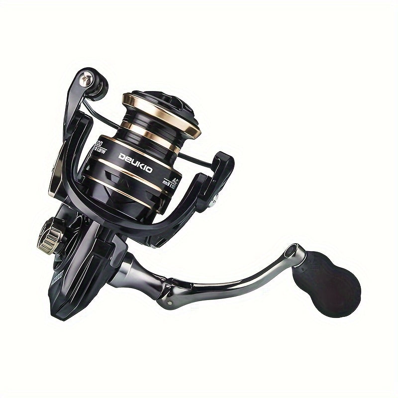 DEUKIO Ambidextrous Spinning Fishing Reel in black with 5.2:1 gear ratio and durable metal construction, suitable for both freshwater and saltwater angling.