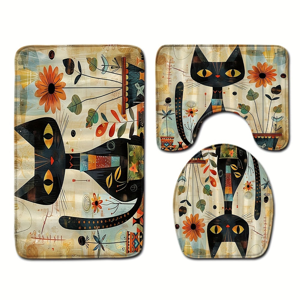 Set of three black cat sunflower floor mats for bathroom, including toilet cover, toilet mat, and absorbent door mat. Features non-slip design for safety and decorative purposes.