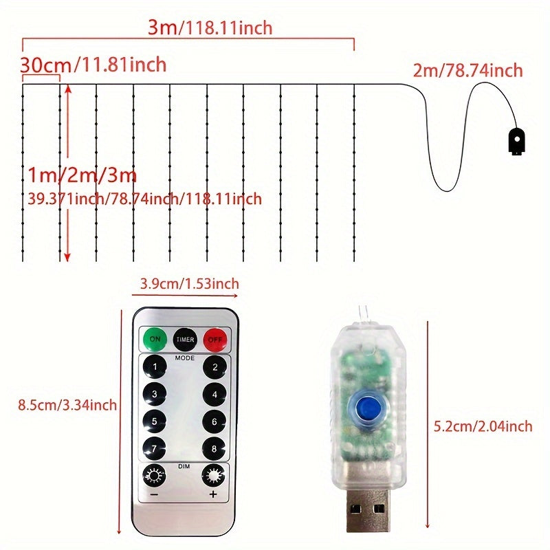 Masofadan boshqarish pultiga ega bo'lgan ko'p funksiyali LED pardalar, turli tadbirlar uchun 8 rejim - USB quvvatlanadi. Issiq oq, oq va binafsha ranglarda mavjud.