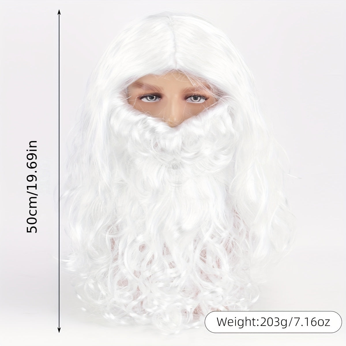 Costume Accessory for Men: 20-Inch White Beard and Wig Set resembling Santa Claus, made of heat resistant synthetic fiber with a funky wavy style. The wig can be hand washed or dry cleaned and is crafted from durable woven fabric.