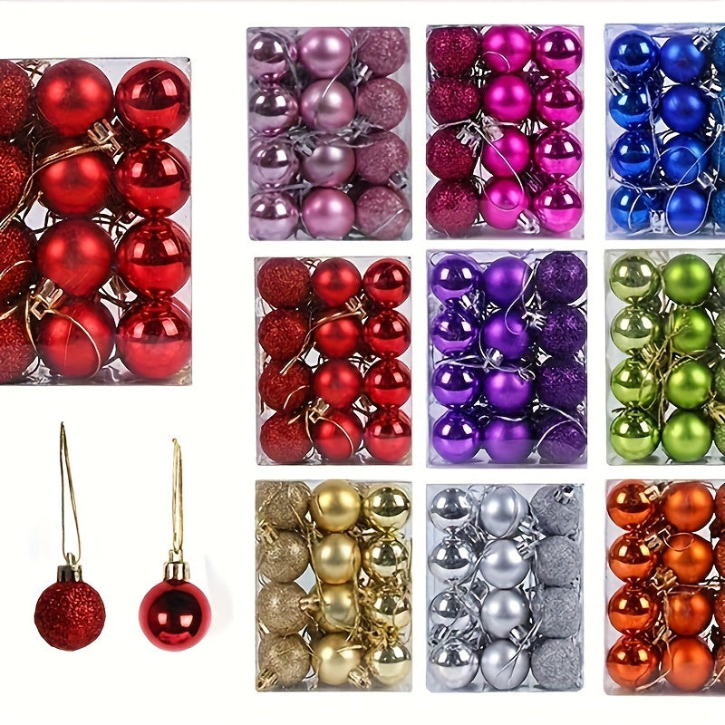 24pcs Christmas balls in glitter and matte finishes, perfect for decorating Christmas trees with a mix of colors.