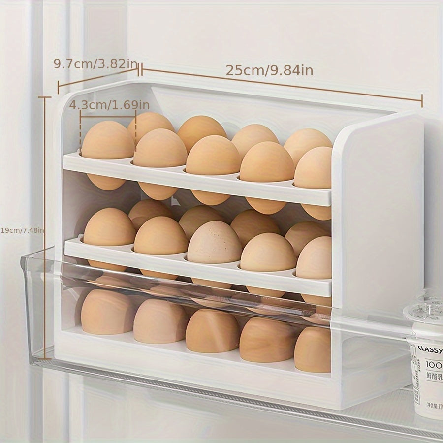 Large capacity plastic refrigerator egg holder with flip storage box for organizing and maintaining freshness of 30 eggs without batteries.