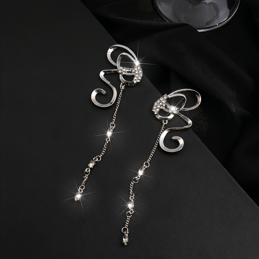 Pair of Stunning Vana Butterfly Tassel Drop Earrings Featuring Shimmering Cubic Zirconia, Crafted with S925 Sterling Silver Posts - Exquisite Ribbon Hollow Design Perfect for Parties and Gifting