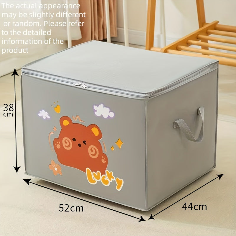 Foldable Storage Organizer with Zipper - Plastic, Cute Cartoon Design, Freestanding, Moisture-Proof Bins for Clothes, Quilts, Luggage - Multipurpose with Double Handle