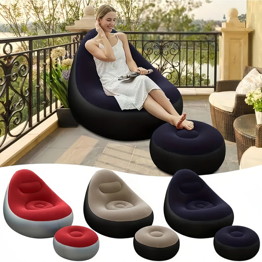 The Single Stool/Sofa And Stool Combo is an inflatable sofa that can also be used as a portable outdoor waterproof sofa. It is a versatile piece of furniture that can be transformed into a folding lounge chair or an outdoor sofa bed with footrest. The