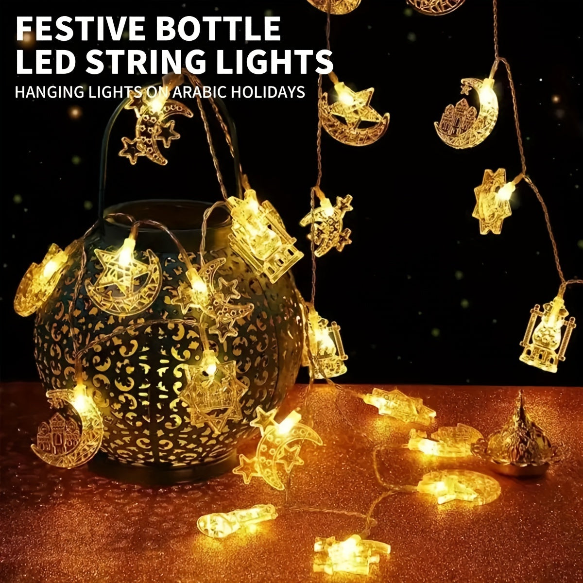 Battery-powered LED string lights designed as decorative palace lanterns featuring stars, moon, and castle design for Middle Eastern festivals and celebrations. Perfect for hanging or