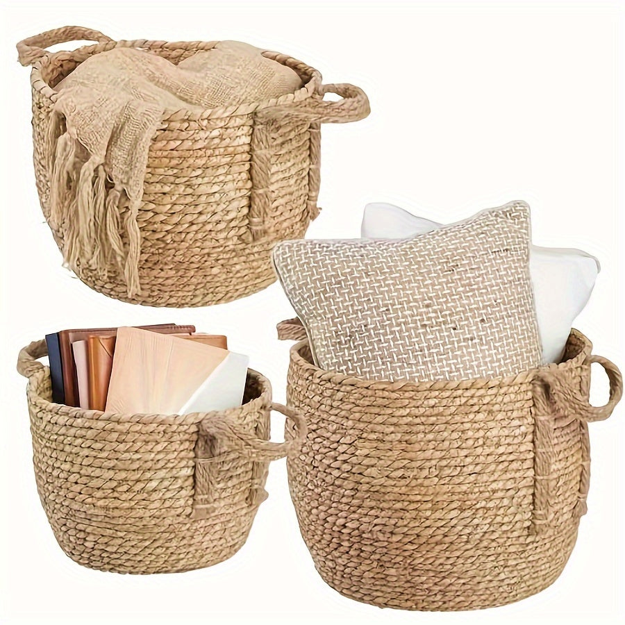 3 Handmade Woven Storage Baskets with Rustic Grass Finish - Perfect for Laundry or Home Organization