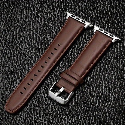 This preppy style calfskin leather watch band is the perfect replacement for your Apple Watch Series SE, 3, 4, 5, 6, 7, and 8. Available in sizes 38mm, 40mm, 41mm, 42mm, 44mm, 45mm, and 49mm, it features a stylish deployant clasp and is suitable for both