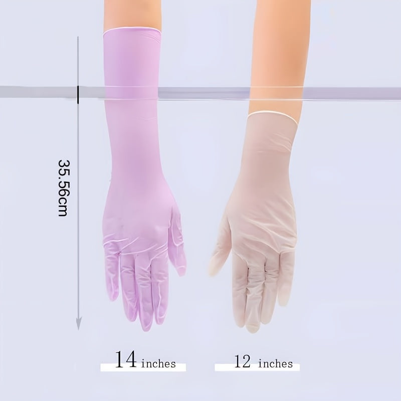 A package of 20 nitrile cleaning gloves with 14-inch long sleeves, waterproof, extra thick, highly elastic, ambidextrous, powder-free. Ideal for use in the kitchen, bathroom, outdoor, pet supplies, offering antibacterial protection for spot-cleaning.