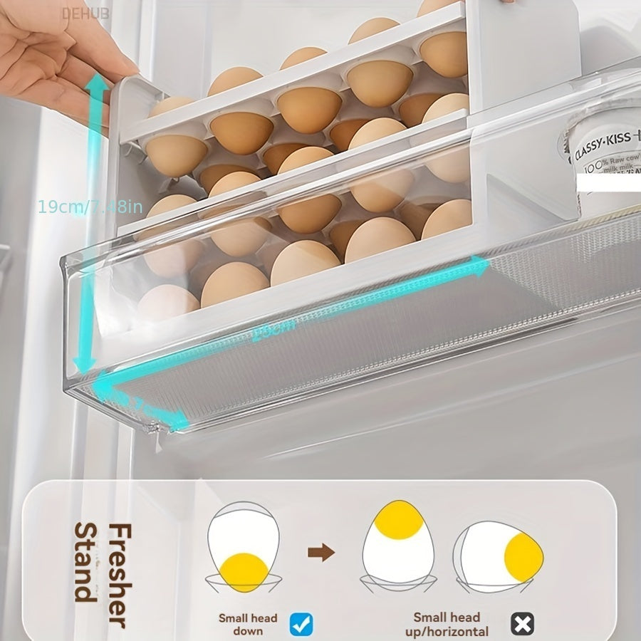 Large capacity plastic refrigerator egg holder with flip storage box for organizing and maintaining freshness of 30 eggs without batteries.