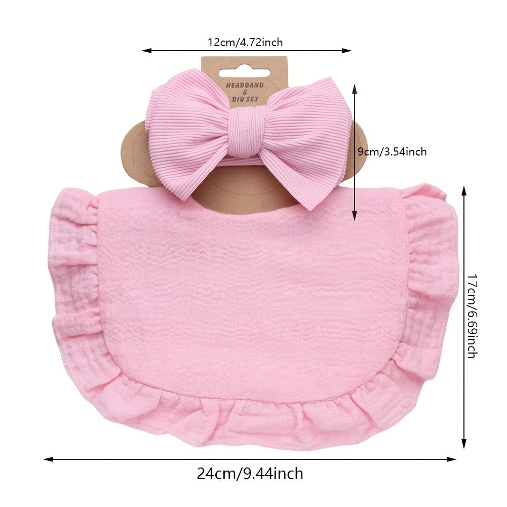 Set of 2 includes a lotus leaf bib and an elastic bow headband. The set also includes a plain color soft bib with snap button closure.