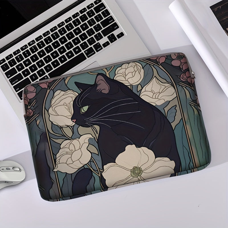 Black Cat with Peonies Laptop Sleeve - 38.0cm, Zip Closure, Printed Polyester, Office, College, Daily Commute Suitable.