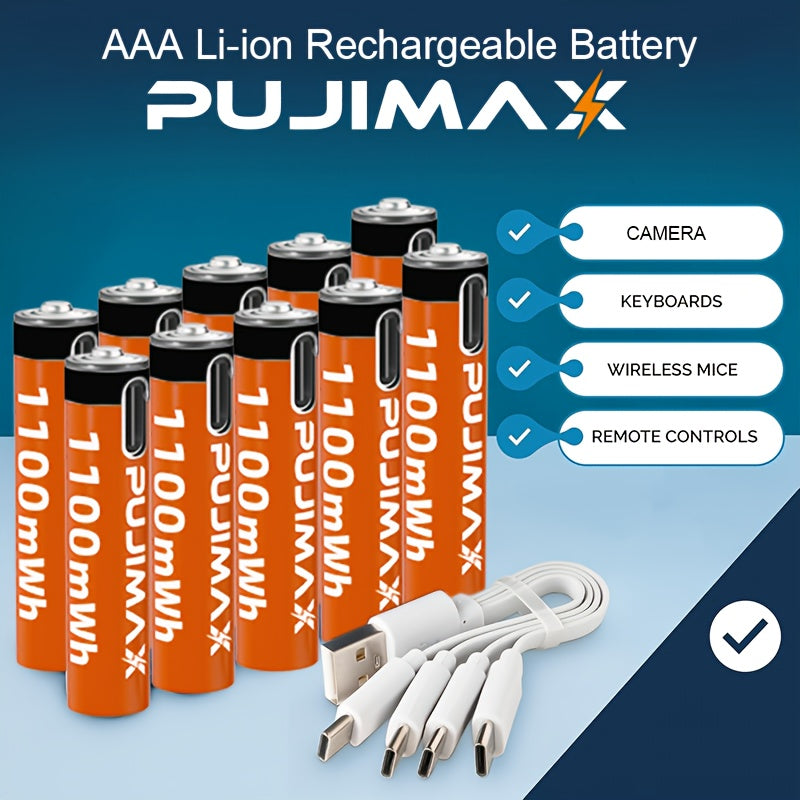 PUJIMAX AAA 1.5V rechargeable battery - Lithium ion with fast USB-C charging for various devices, includes charging cable.