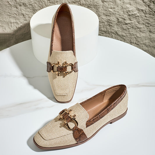 Vintage style women's flax loafers with snake print stud embellishment, square toe, and TPU sole for all-season comfort.