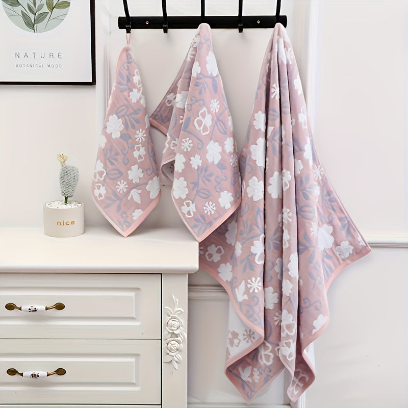 Floral embroidered cotton jacquard towel set includes 3 bath towels, hand towels, and fingertip towel. Soft, super absorbent, and modern design.