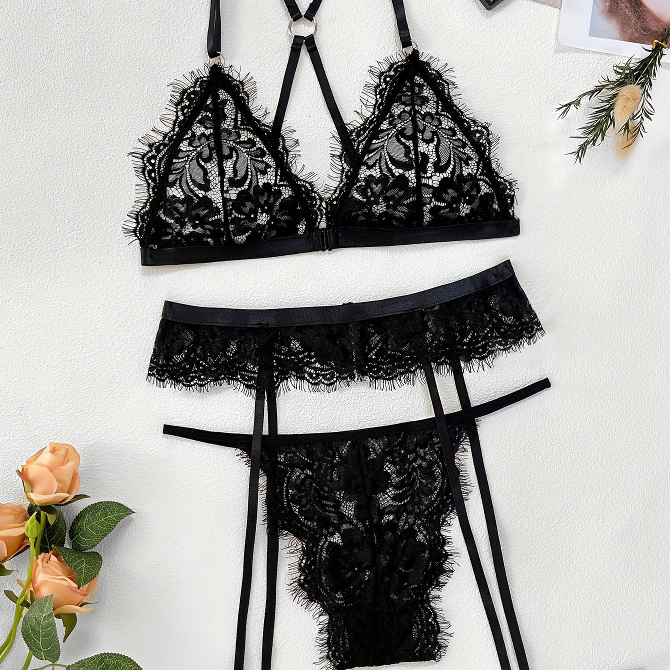 Women's Floral Lace Lingerie Set with Bra, Garter Belt Thong