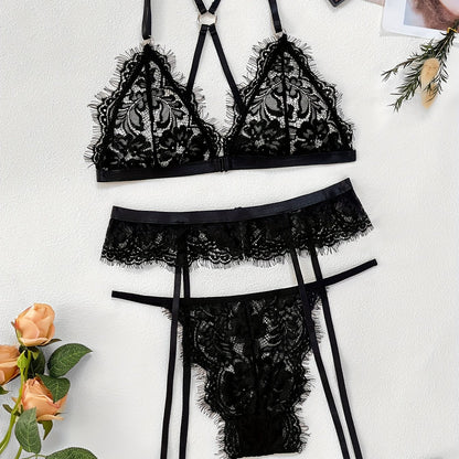 Women's Floral Lace Lingerie Set with Bra, Garter Belt Thong