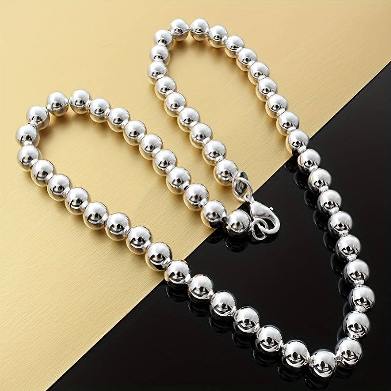 Retro-chic 925 Sterling Silver Beaded Necklace - Featuring 8mm Hollow Beads, Sophisticated Unplated Jewelry, Ideal for Everyday Wear and Gift-Giving, Great for Mardi Gras Celebrations, Suitable for any Season