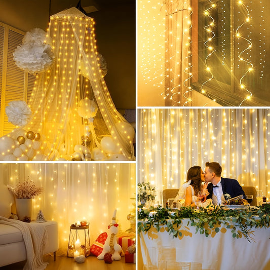 These USB-Powered Fairy Curtain Lights come with a remote control and feature 8 different modes, dimmable settings, and a timer. They are perfect for adding ambiance to weddings, parties, home decor, and bedroom decor. Choose from 300, 200, or 100 LEDs