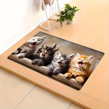 This polyester knit rectangle runner rug features a non-slip backing for added safety. It is machine washable with a low pile and a soft cat pattern, making it perfect for use in the kitchen, living room, bedroom, bathroom, or office. This comfortable