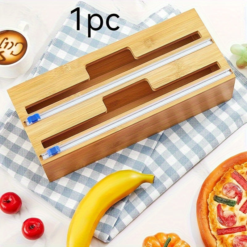 Durable food grade PE material self-adhesive plastic food storage bag sealer with an easy slide cutter for plastic wrap, foil, and parchment paper rolls. Ideal kitchen organizer for food packaging, suitable for all safe boxes.