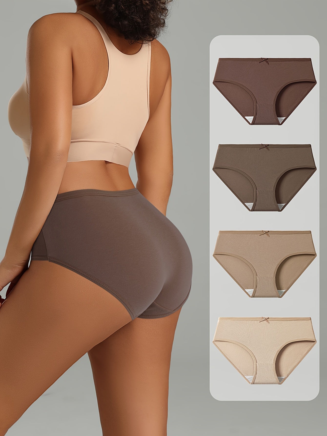 4 Maillard Color briefs for women in beige, brown, and nude shades. Sexy, comfortable, and breathable with bow detail and stretchy, non-see-through fit.