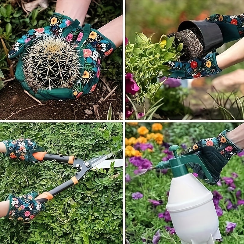 Floral print polyester garden gloves, breathable, ambidextrous work gloves, lead & PVC free, easy care - outdoor gardening hand protection.